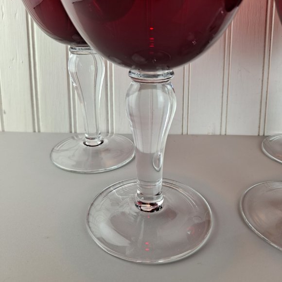 4 Ruby Red Large Wine Glasses Clear Stem - Picture 4 of 5